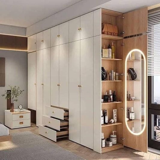 Luxe White and Oak Wardrobe with Illuminated Vanity Storage